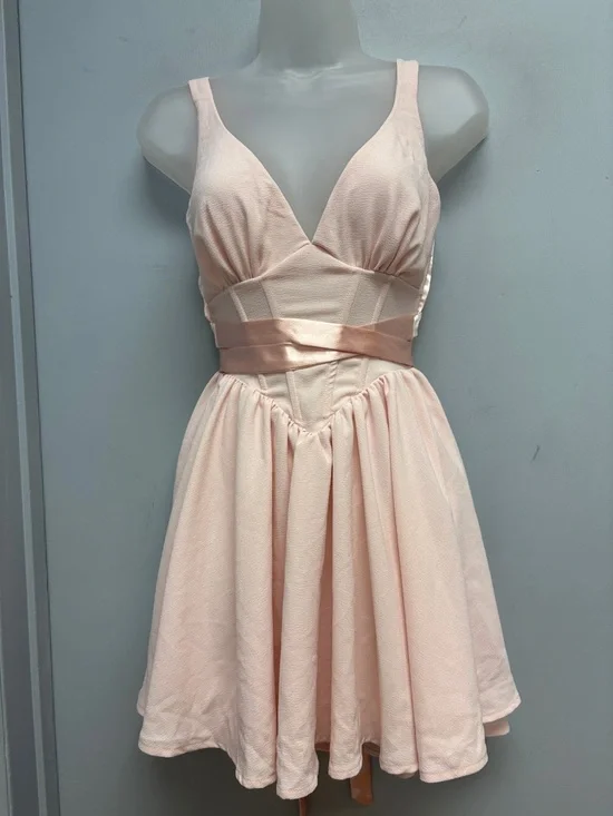Lucy in the Sky Blush Pink Satin Wrap Corset Dress | Open Back Tie | XS - Picture 2 of 12
